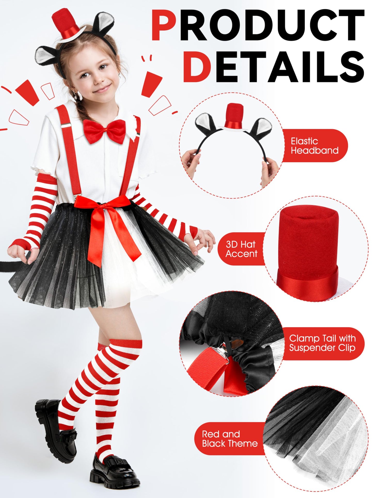 Somsoc 2 Sets Girls Tulle Tutus Striped Stockings Costume Set With Top Hat Headbands Tutu Skirts Suspenders Party Cosplay Set