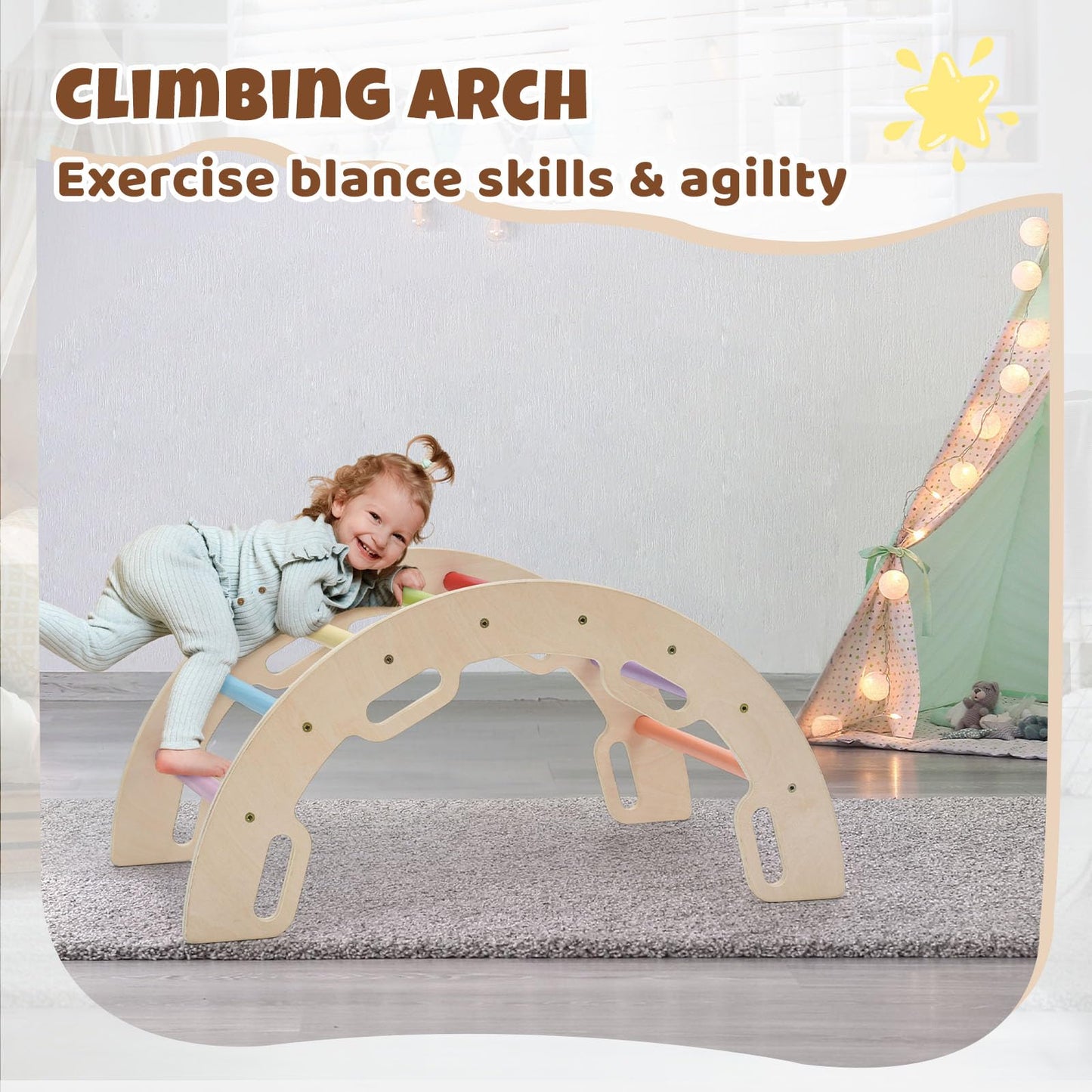 Cosyland Kids Climber Arch Rocker With Cushion,Wooden Indoor Pikler Climbing Toys For Toddler With 4 Handrails On Each Side,Pain