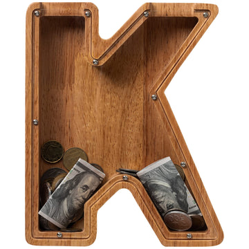 Piggy Bank for Kids Boys Girls, Wooden Large Letter Piggy Bank Alphabet Money Bank with Initial K, Coin Bank Fun Gifts for Birth