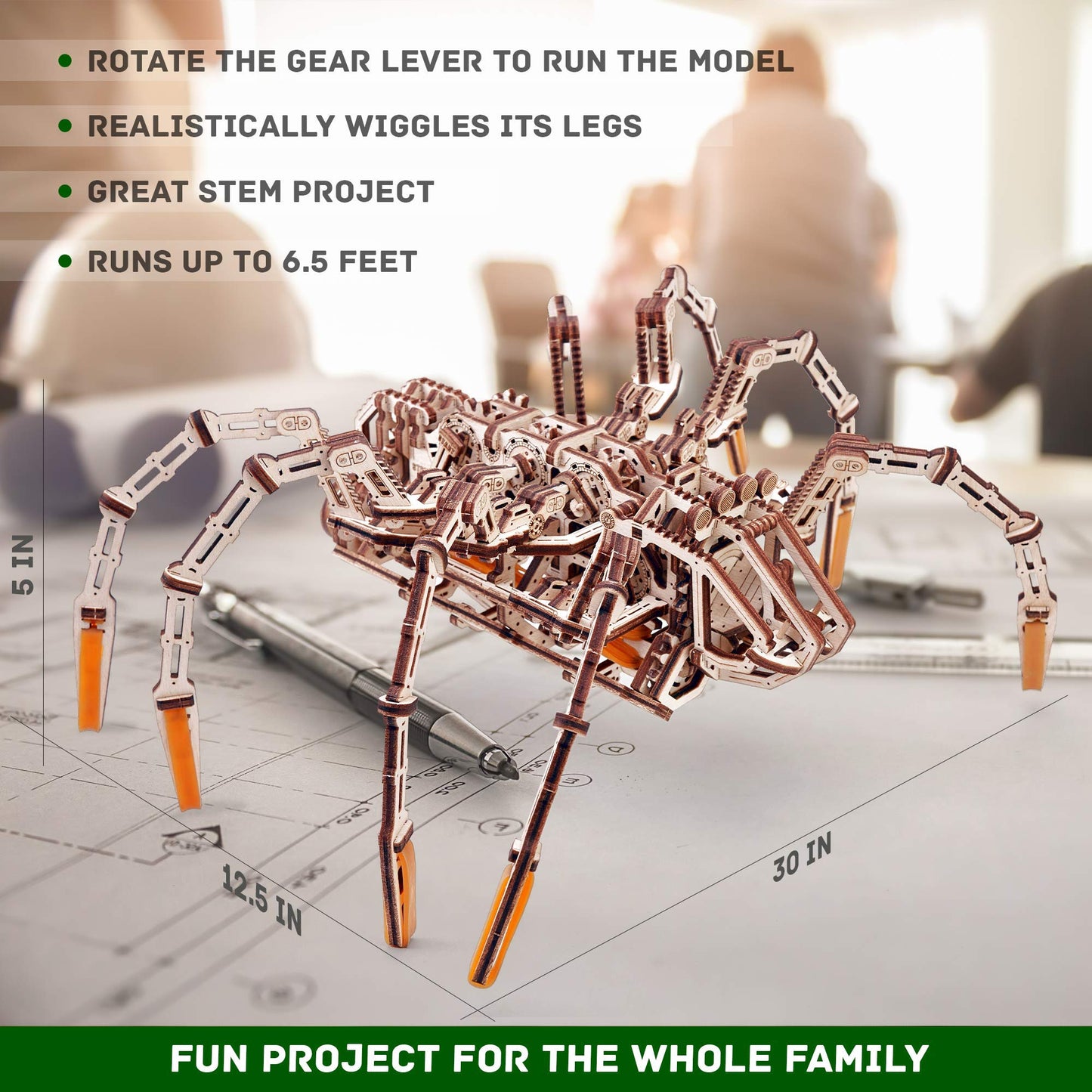 Wood Trick Mechanical Spider 3D Wooden Puzzle - Runs Up To 7 Feet - Wooden Model Kit For Adults And Kids To Build