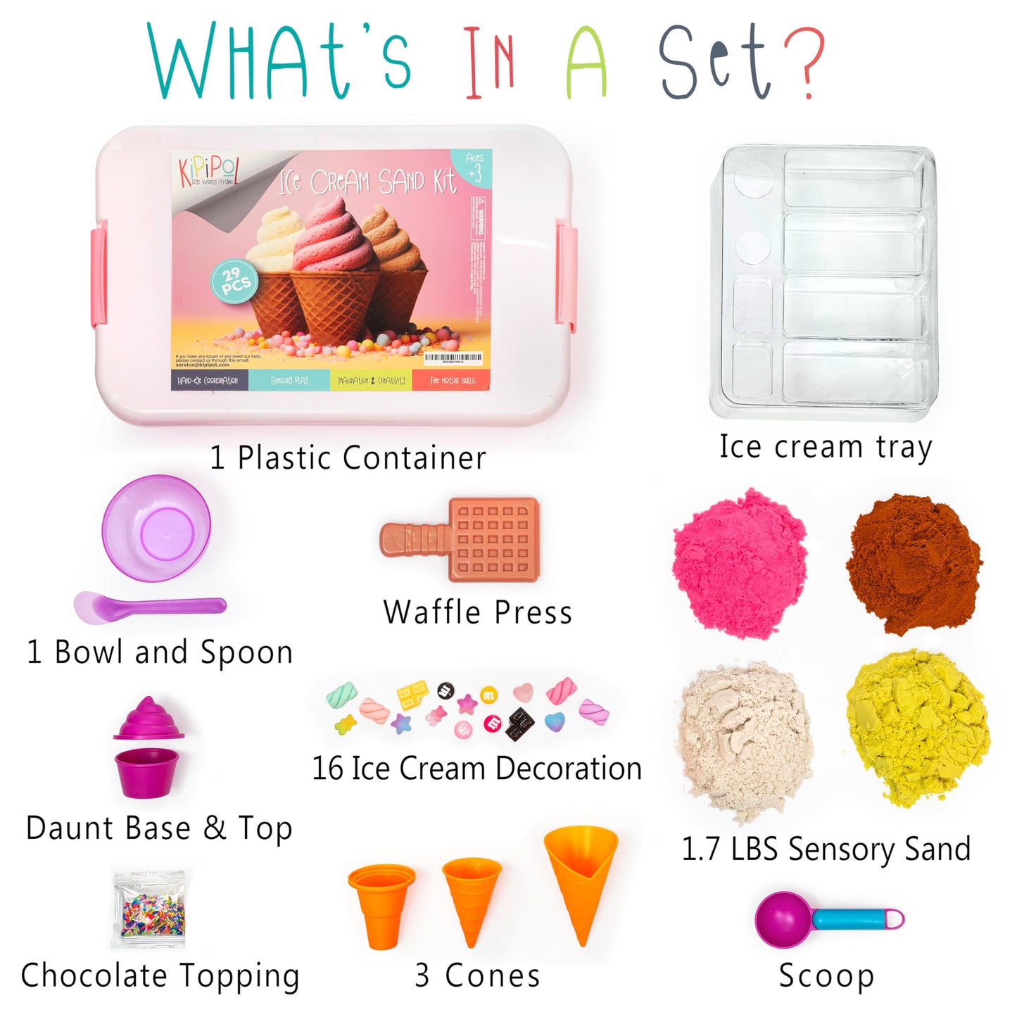 Kipipol Sensory Bin - 29 Pcs Ice Cream Toy Shop Play Sand Kit With 9 Ice Cream Sand Toys, 1.7 Lb Moon Sand For Kids, Sandbox With A Lid - Pretend Play Sensory Toys For Girls And Boys Age 3-5 And Up