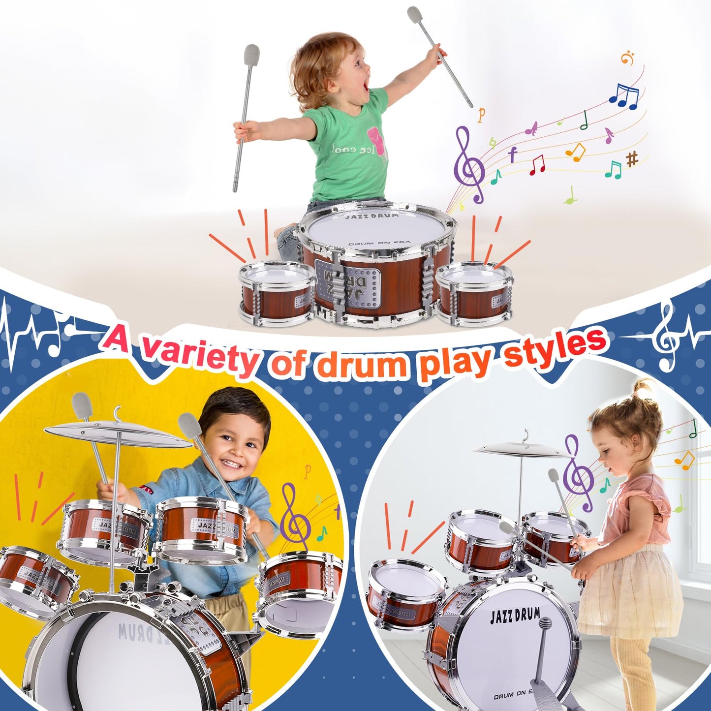 Kid Drum Set For Toddlers 1-3, Jazz Drum Set For Kids Age 3-5 With 5 Drums & Stool Musical Instruments Toy, Christmas / Birthday Gift For 1-3 4 5 Year Old Boys Girls