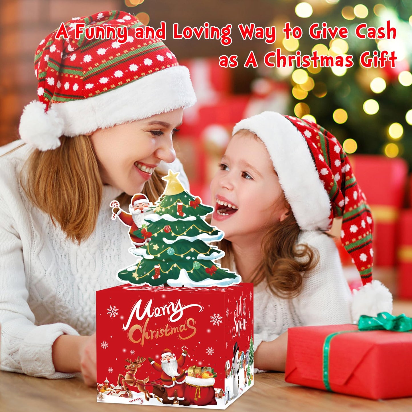 Meiidoshine Red Christmas Money Boxes For Cash Gift Pull, Surprise Money Holder Cash Gift For Kids Adults, Diy Fun Cash Box For Women Men Girls Boys Mom Dad Friends, Include 100Pcs Transparent Bags