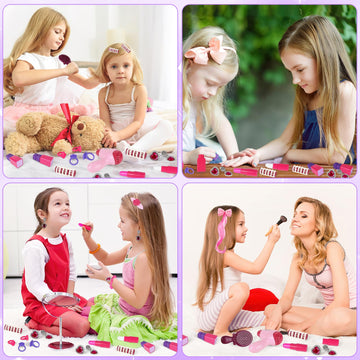 Deao Toddler Vanity Makeup Table Toy With Mirror & Chair,Kids Vanity With Light&Music,Pretend Play Makeup Toy With Hair Dryer To