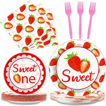 Gisgfim 96 Pcs Strawberry Birthday Party Supplies Paper Plates Napkins Strawberry 1St Birthday Tableware Set Summer Sweet Berry