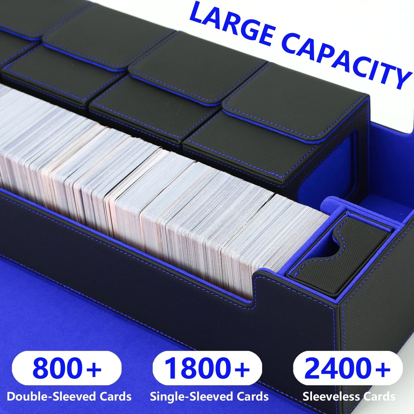 Scimi Mtg Card Storage Box Tcg Deck Case Holds Fits 5 Windows Decks Card Box Or 1800+ Sleeved Cards For Mtg, Yugioh, Uno, Tcg, Trading Cards With Mat Case And Strong Magnet Closure (Black & Blue)