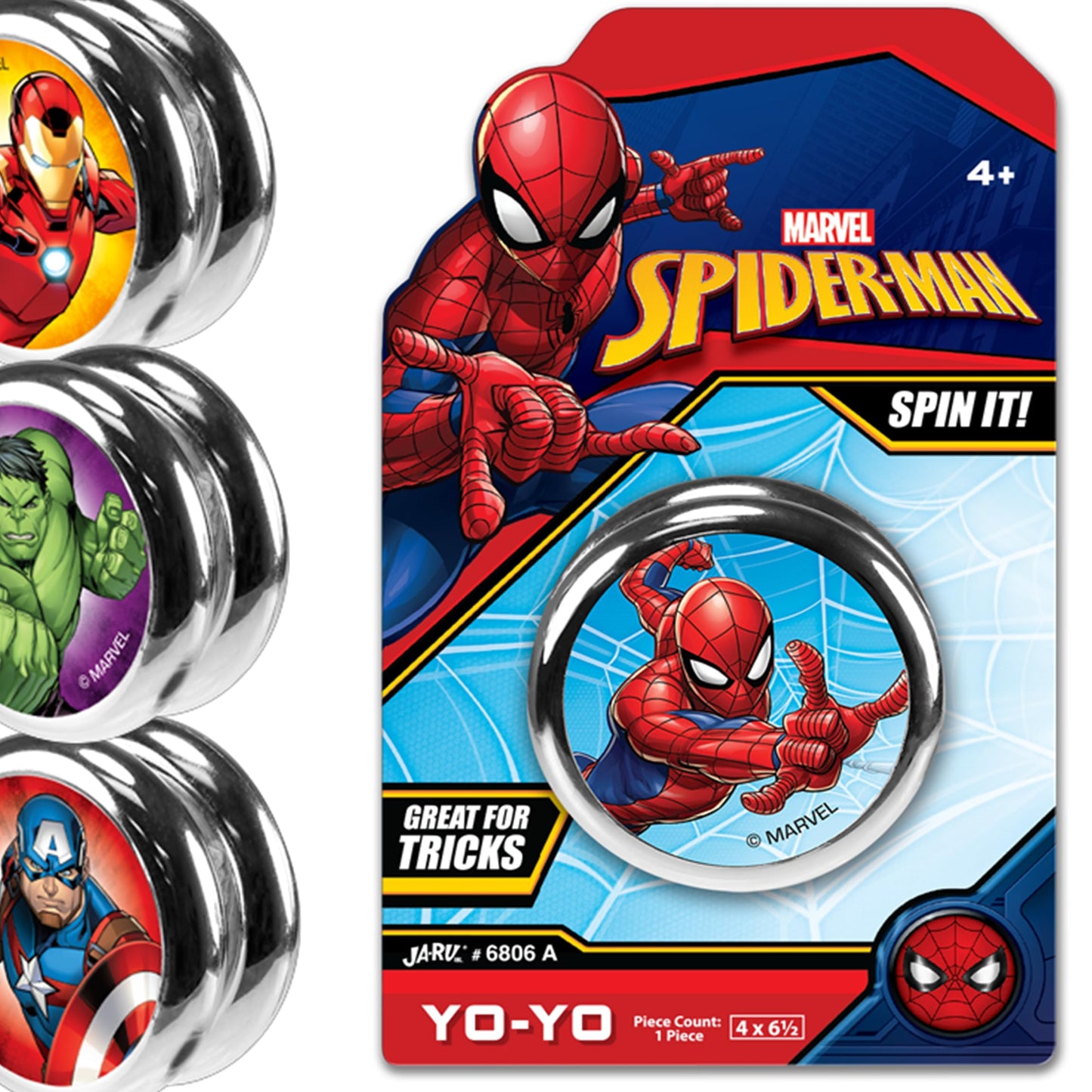 Ja-Ru Marvel Toys Yoyo Toy (1 Unit Assorted Style) Superheroes Spiderman, Hulk, Captain America & Ironman Kids Yoyo Beginner String Trick Yo-Yo Game Fidget Toys For Boys 6806-1