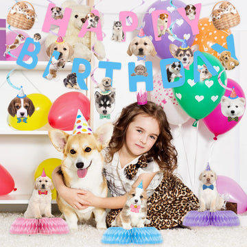 16 Pcs Dog Birthday Party Supplies, Dog Party Decorations, 6 Dog Hanging Cutouts, 6 Hanging Swirl Decorations And 3 Birthday Hon