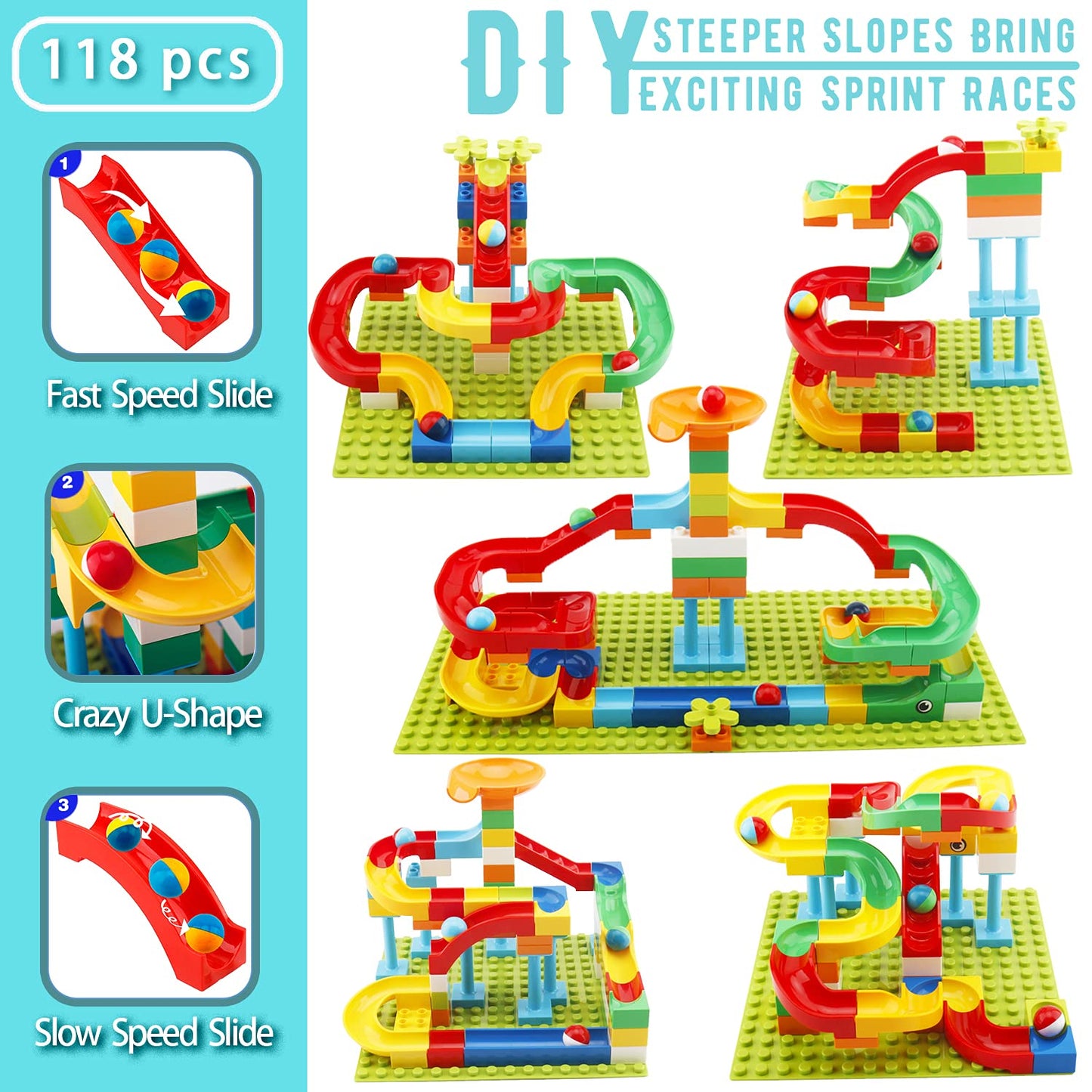 2-In-1 Kids Toys For 2 3 4 5 6 7 + Year Old Boys Girls Toddlers Upgrade Classic Big Bricks Marble Run Building Blocks, Toss Ring Games Compatible With All Major Brands For Christmas Birthday
