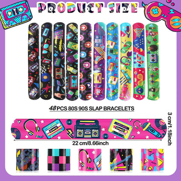 Duccsko 48 Pcs 80S 90S Theme Party Favors Slap Bracelets, Wristbands Bracelets For Kids Adults Retro Birthday Party Supplies, Cl
