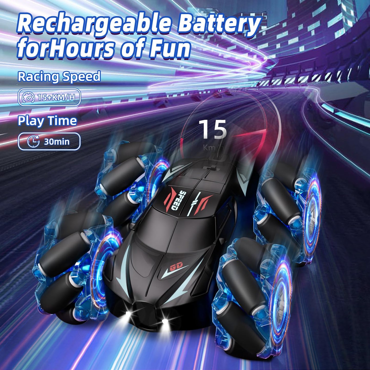 Jovow RC Stunt Car, 2.4GHz 4WD Gesture Sensing Remote Control Car with Cool Light and Music, Double-Sided 360 Flips RC Cars for