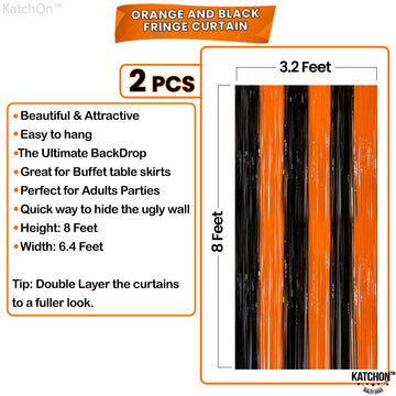KatchOn, Black and Orange Foil Fringe Curtain - XtraLarge 3.2x8 Feet, Pack of 2 | Orange and Black Streamers, Halloween Decorati