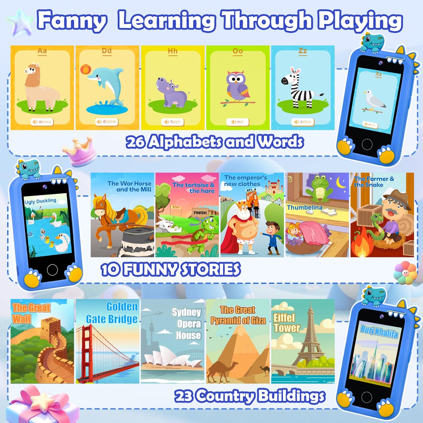 Elecoutek Kids Phone for Boy, Dinosaur Phone Toys for 3-10 Year Old Boys, Kids Mobile Phone Toy with Dual Cameras, 2.8 Inch Touc