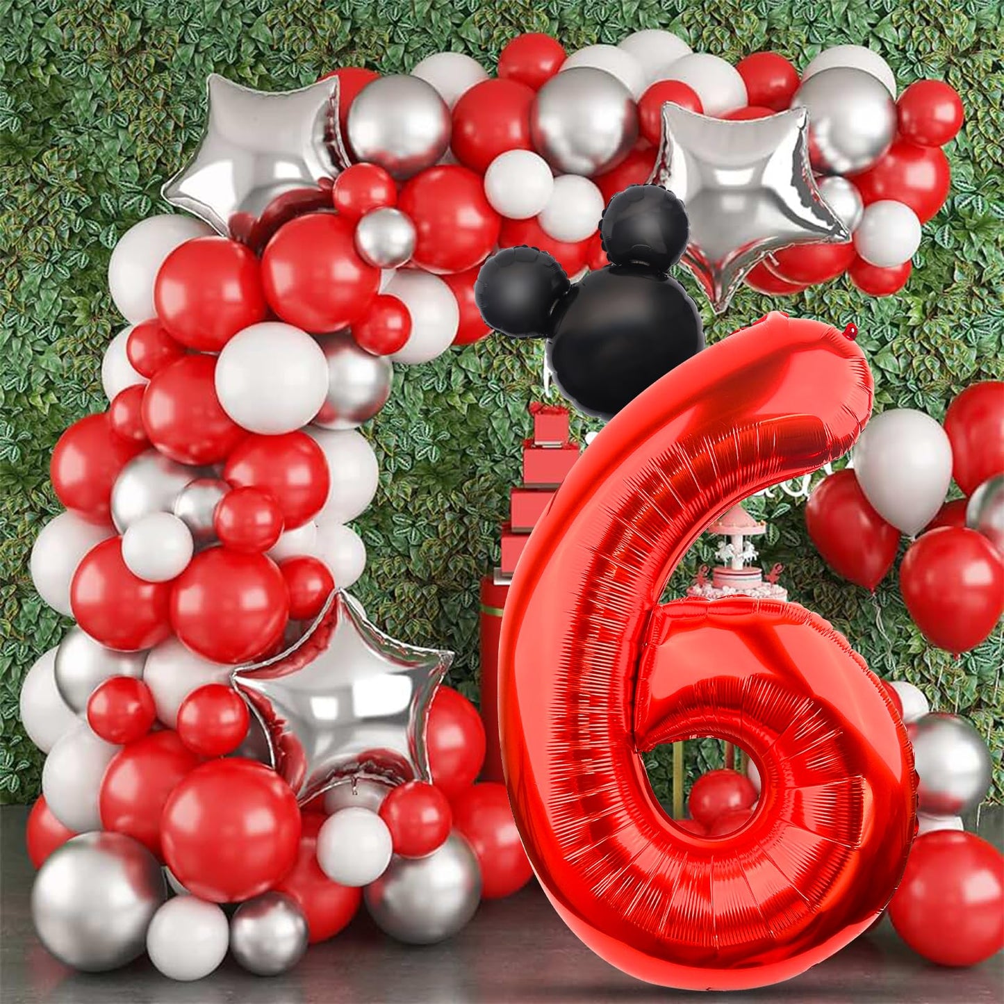Lebery Mouse Number 6 Balloon 40 Inch Red Number 6 Balloon Mini Mouse Head Balloon For 6Th Birthday Party, Black Red Large Number 6 Foil Balloon For Baby Shower Anniversary Supplies Decorations