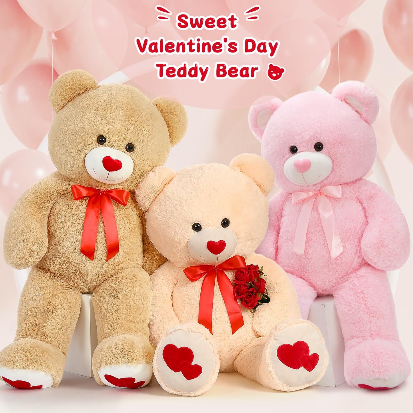 Tezituor Giant Teddy Bear Stuffed Animal 4Ft - Big Pink Teddy Bear With Love Red Heart - Large Stuffed Bear Plush Toys For Kid Christmas Birthday - Valentines Bear Gift For Girlfriend