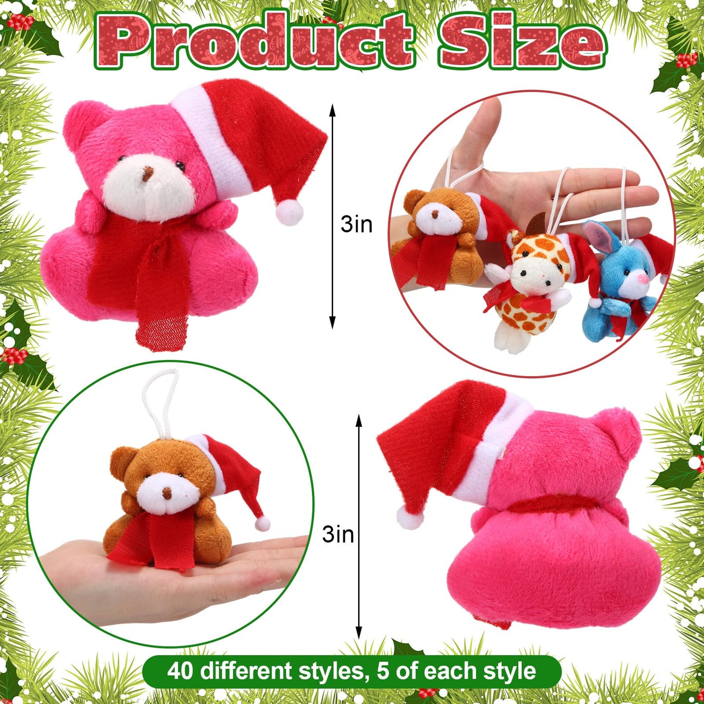 Poen 200 Pcs Mini Christmas Stuffed Animals Bulk Mini Plush Christmas Tree Hanging Decorations Plush Key Chain Animal Toy Set Sm
