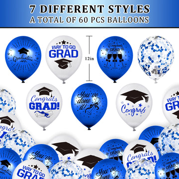 Whaline 60Pcs Graduation Party Balloon Set 7 Designs Blue White Confetti Latex Balloon With 2 Rolls Blue Ribbon Class Of 2024 Grad Cap Congrats Grad Balloon For Graduation Party Decoration Supplies