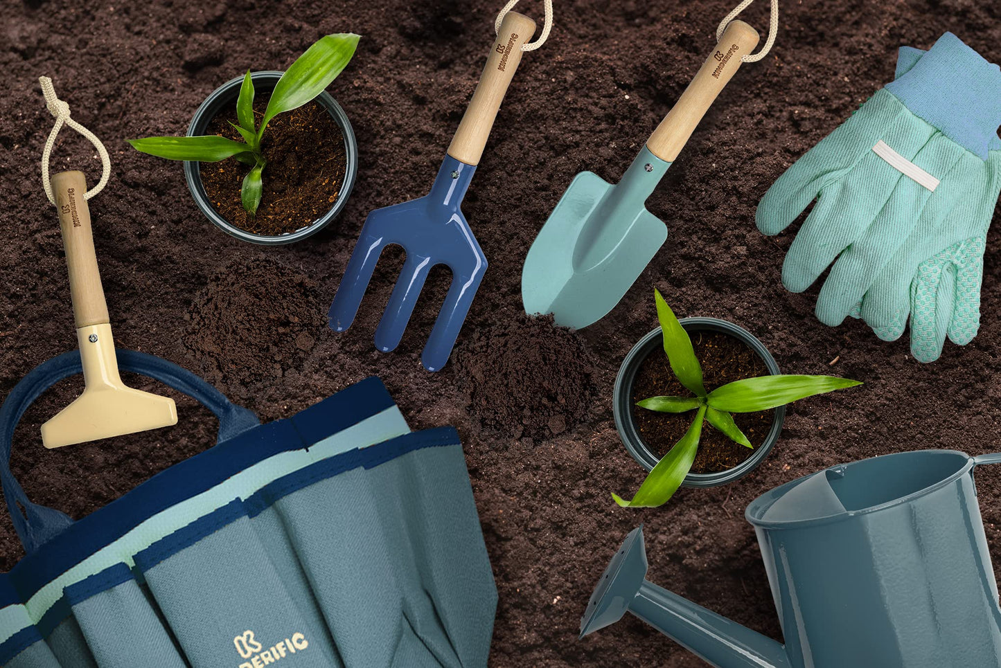 Kinderific Gardening Set, Tool Kit, For Kids, Stem, Includes Tote Bag, Spade, Watering Can, Rake, Fork, Trowel And Gloves (Blue)