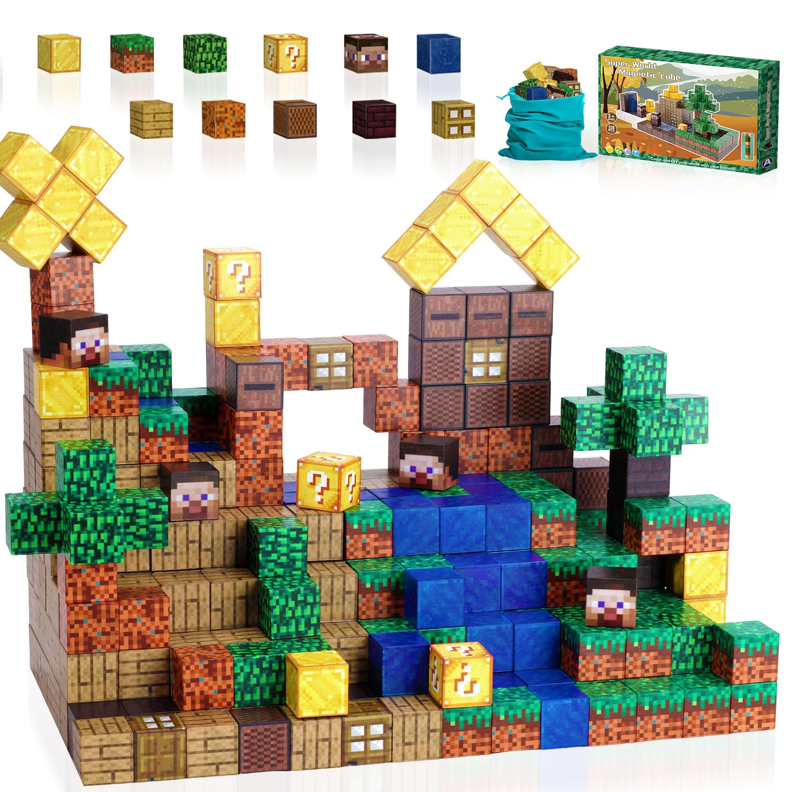 Jollynamy Magnetic Blocks For Kids - 128Pcs Building Toys For Toddler, Building Magnet Cube Toy For Boys Girls, Stem Sensory Edu