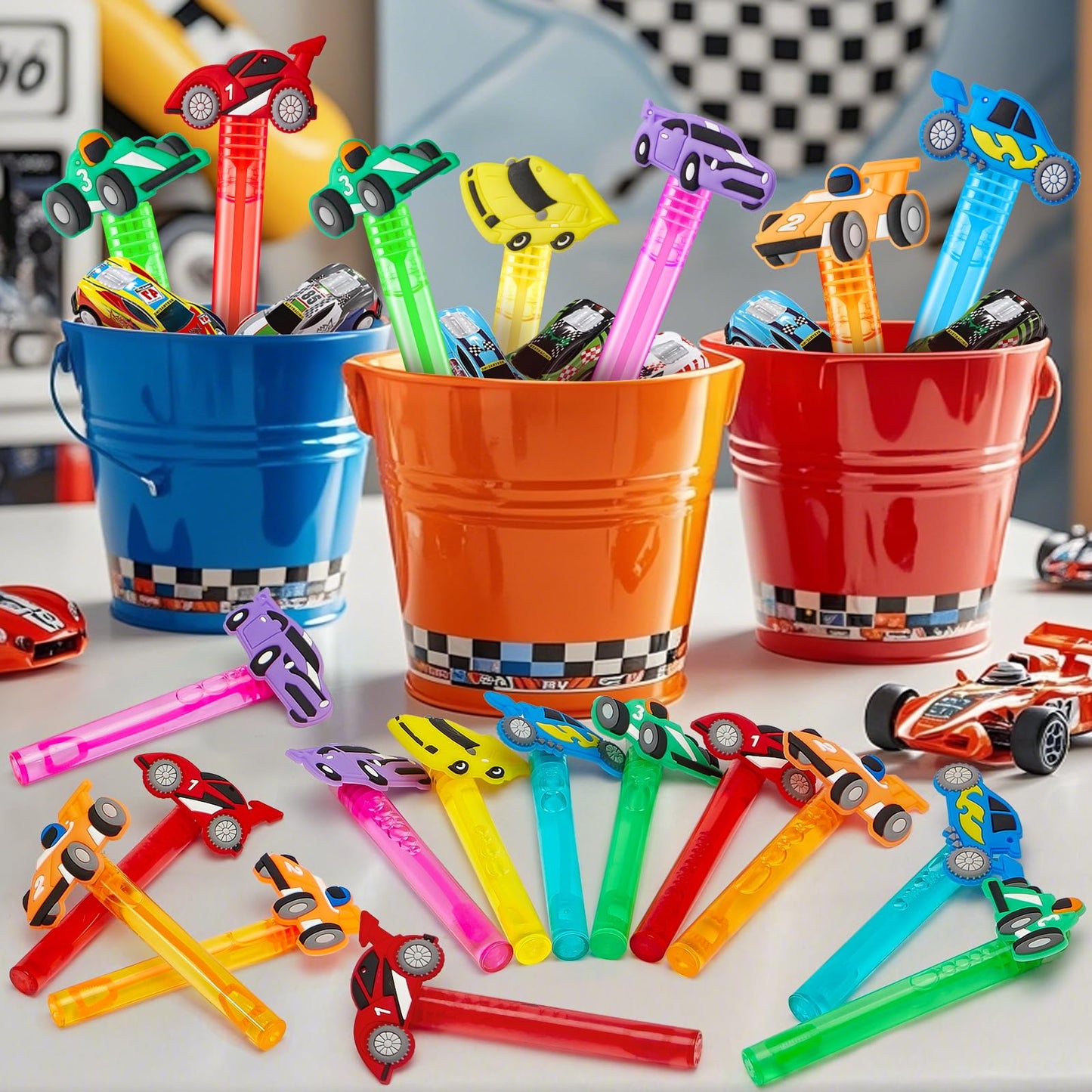 Winrayk Race Car Party Favors, 24Pcs Cars Themed Mini Bubble Wands for Kids Bubbles Bulk with Detachable Topper (6 Styles & Colo