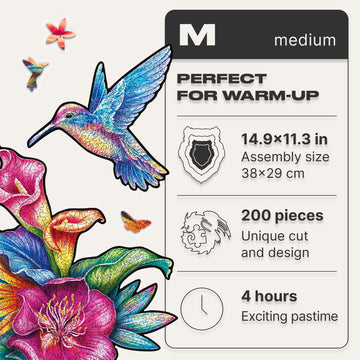 Unidragon Original Wooden Jigsaw Puzzles - Elusive Colibri, 200 Pcs, Medium 14.9'X11.3', Beautiful Gift Package, Unique Shape Best Gift For Adults And Kids