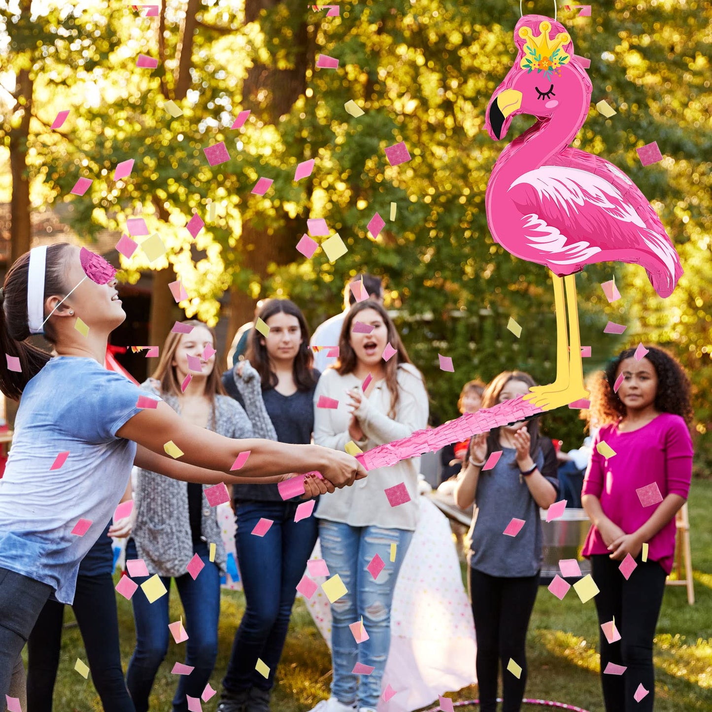 Threan Pink Flamingo Piñata Tropical Party Supplies Small Hawaiian Flamingo Piñata With Blindfold Stick For Pool Luau Hawaii Summer Theme Birthday Party Decorations, 16.1 X 11.8 X 3.1 Inch