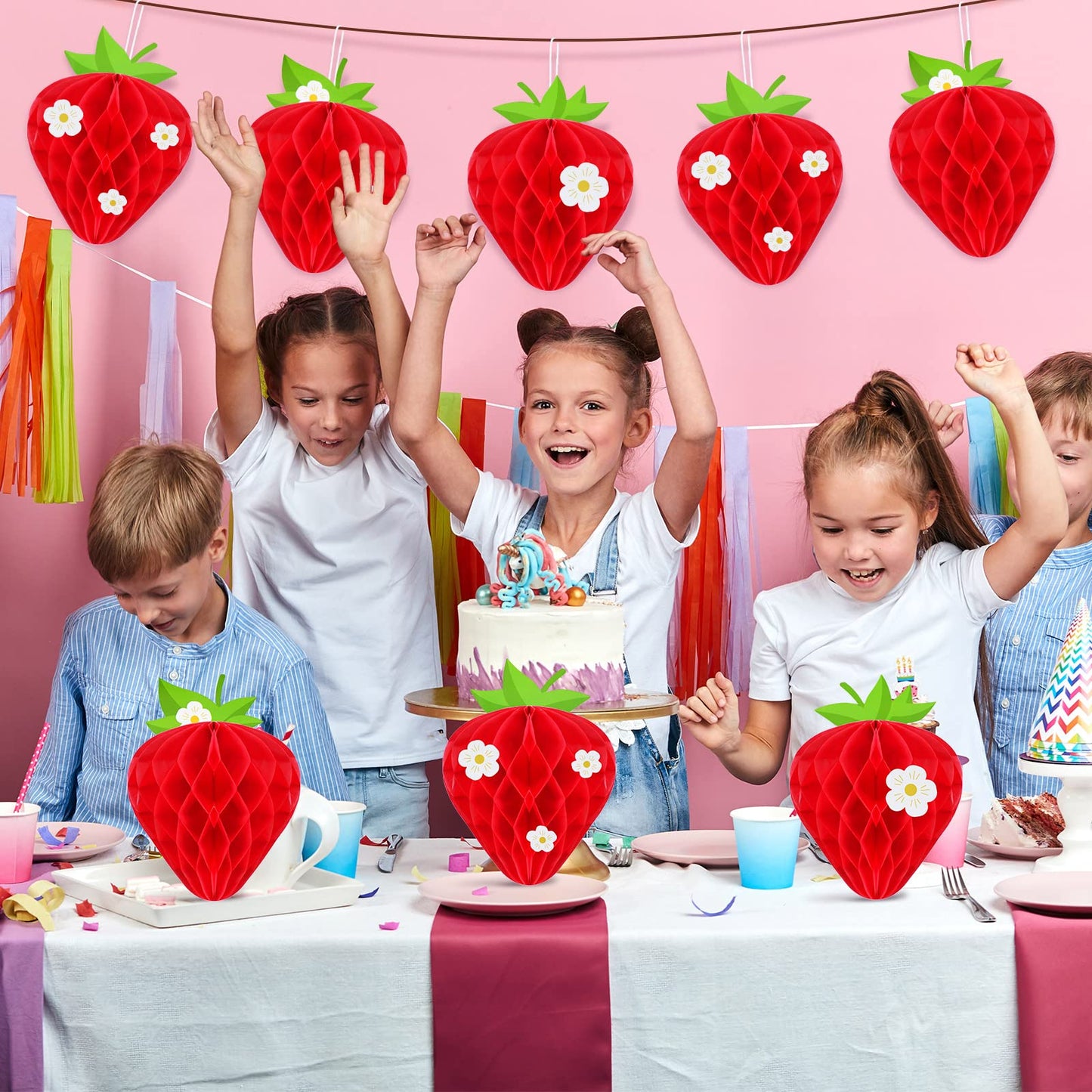 9 Pcs Strawberry Party Decorations Strawberry Honeycomb Balls Birthday Favors Berry Table Centerpieces Tissue Paper Honeycomb Tabletop Hanging Decor Party Supplies