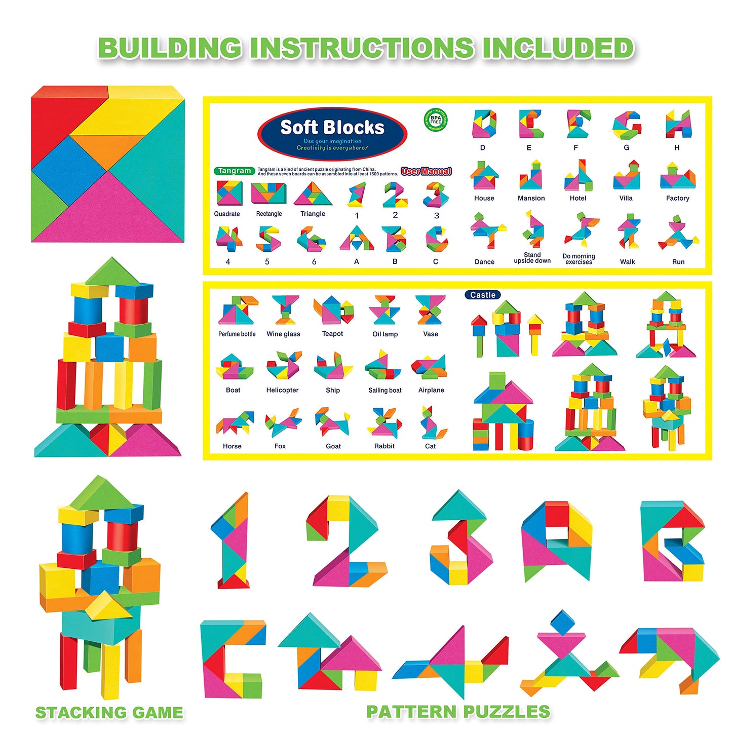 Foam Blocks for Toddlers 138 Pieces EVA Soft Stacking Building Blocks Toy Set Early Learning Construction Toys & Gifts for Kids Boys & Girls 18+ Months 1-3 Years