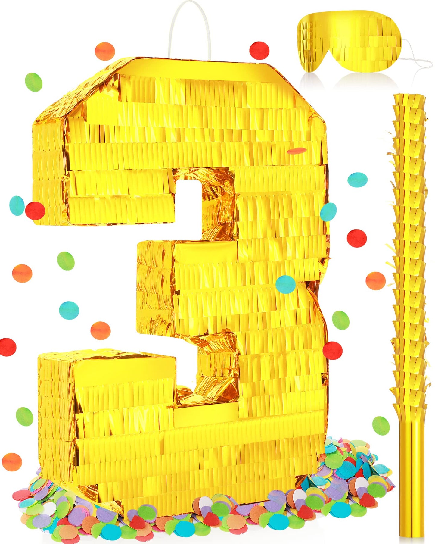 Sratte Number Piñata Birthday Piñata Decorations Gold Foil Piñata With Stick Blindfold Confetti For Boy Girl Birthday Party Decorations Anniversary Celebrations Fiesta Supplies(Number 3)