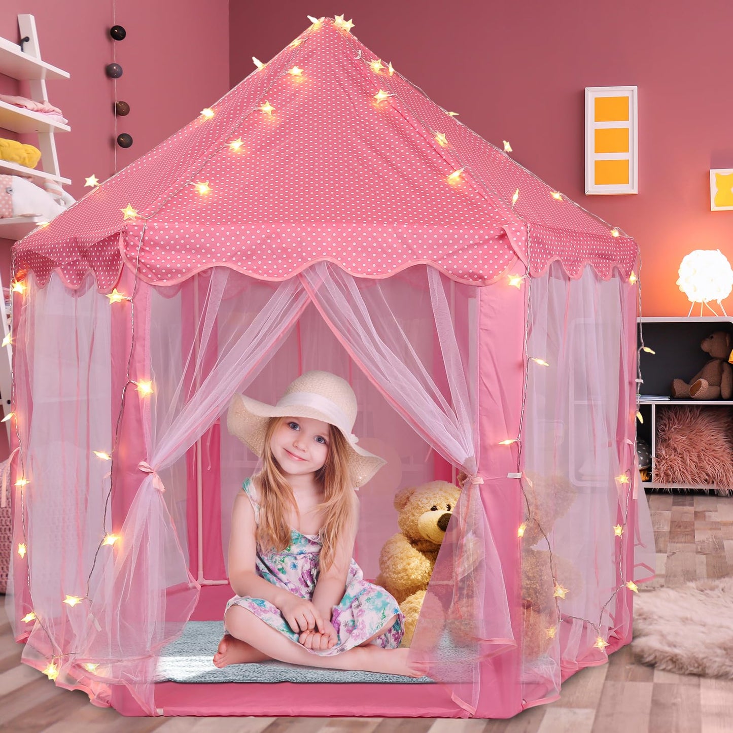 Volscity Princess Tent With Led Star Lights,Kids Castle Play Tent For Girls,Large Playhouse Girl Toy Gifts Age 3+,Indoor And Out