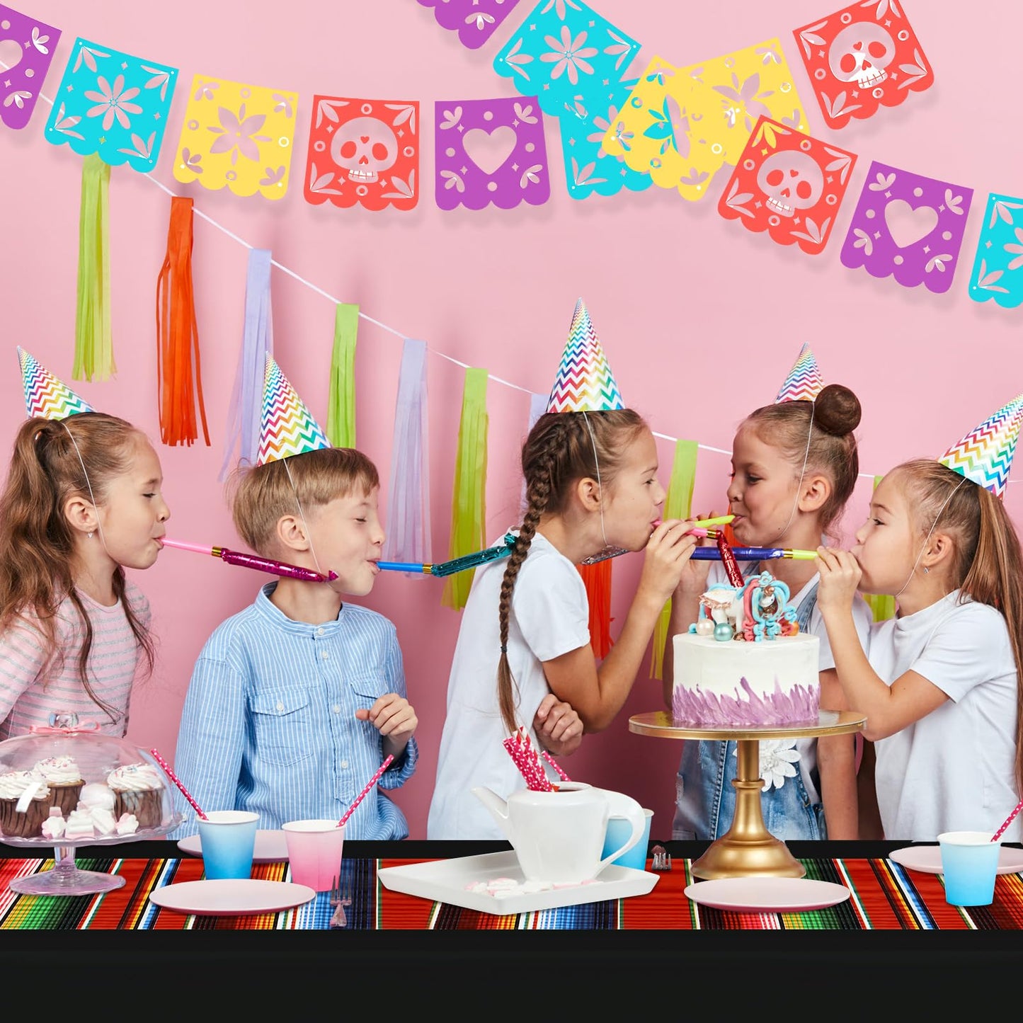 Hosuly Mexican Fiesta Tablecloth 54 X 108'' Party Plastic Tablecloth Striped Table Cover For Mexican Fiesta Party Decorations(Bl