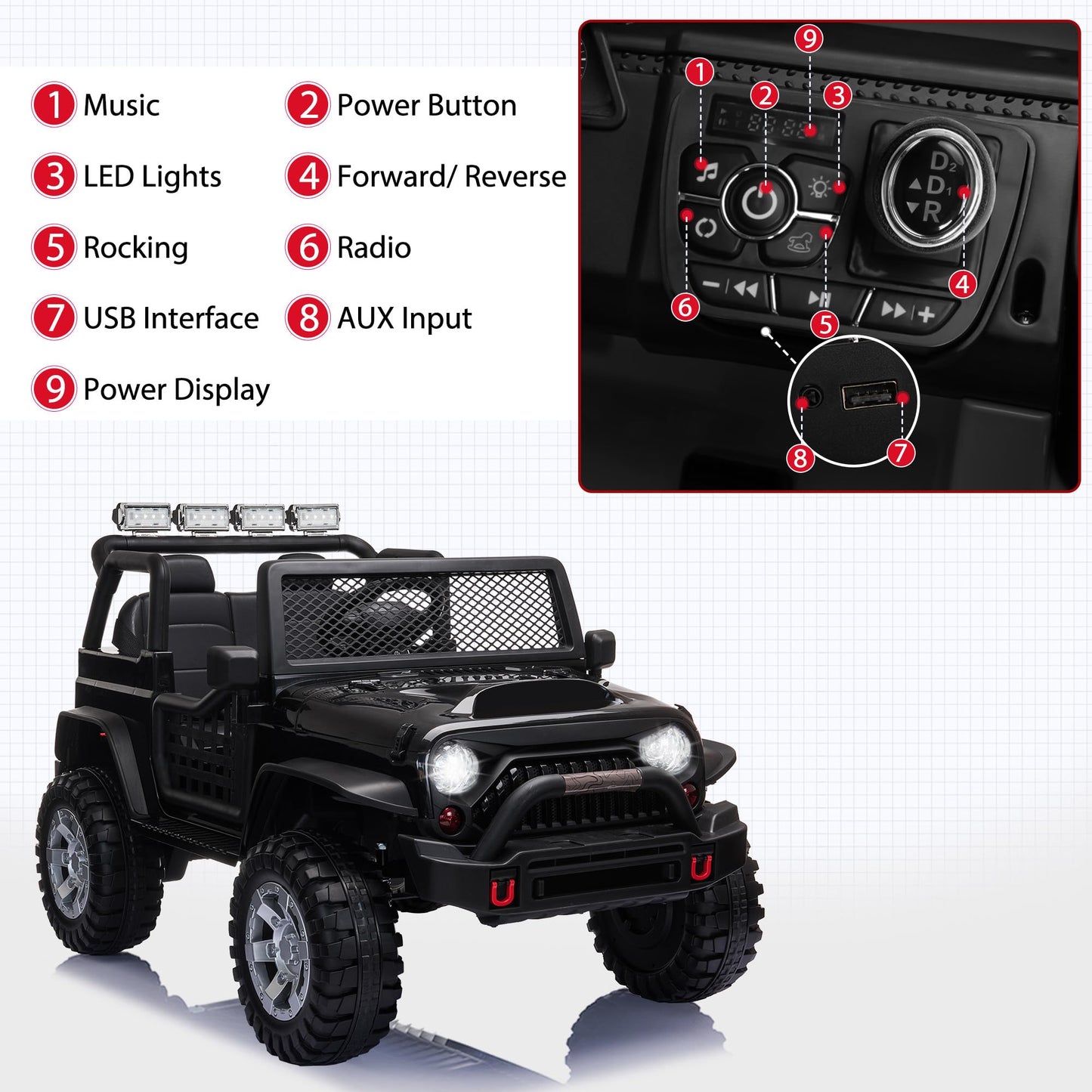 Tobbi 12V Kids Ride On Car, Electric Vehicles Jeep Car With Remote Control, Music, Mp3 Player, Lighting, Black