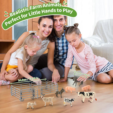 Farm Animal Toys, Realistic Farm Animal Figurines And Fence Playset, Includes Cow Pig Donkey Goat, Birthday Christmas Animal Gif