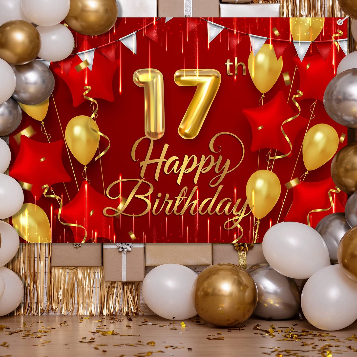 17Th Birthday Backdrop Banner Decorations Red And Gold For Boys Girls Happy 17 Years Old Bday Background Photography Party Decor Sign Supplies