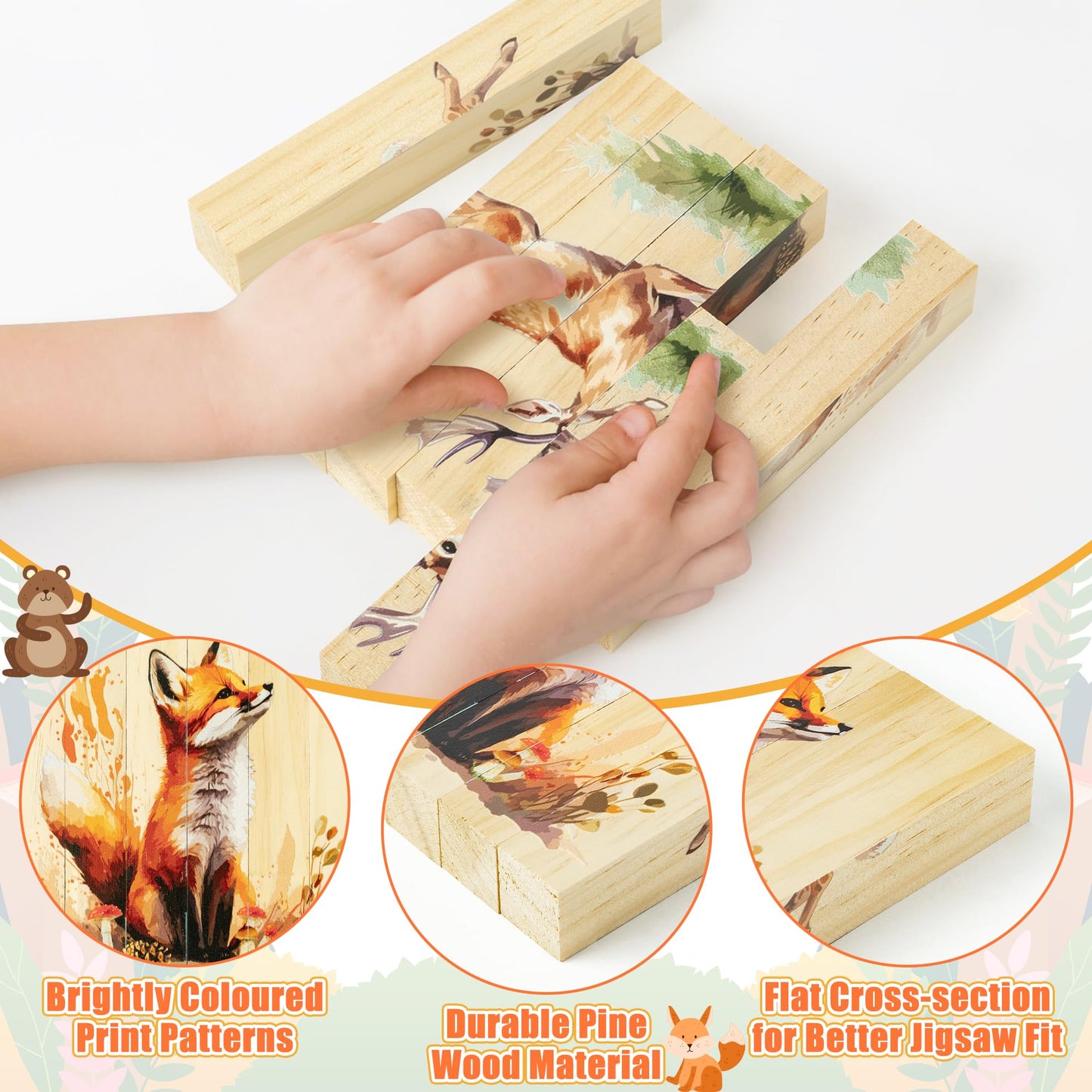 Cjiangpo Wooden Animal Chunky Puzzles - 4 In 1 Woodland Animal Puzzle Blocks Sensory Toys For Toddlers 2+ Years, Realistic Recta