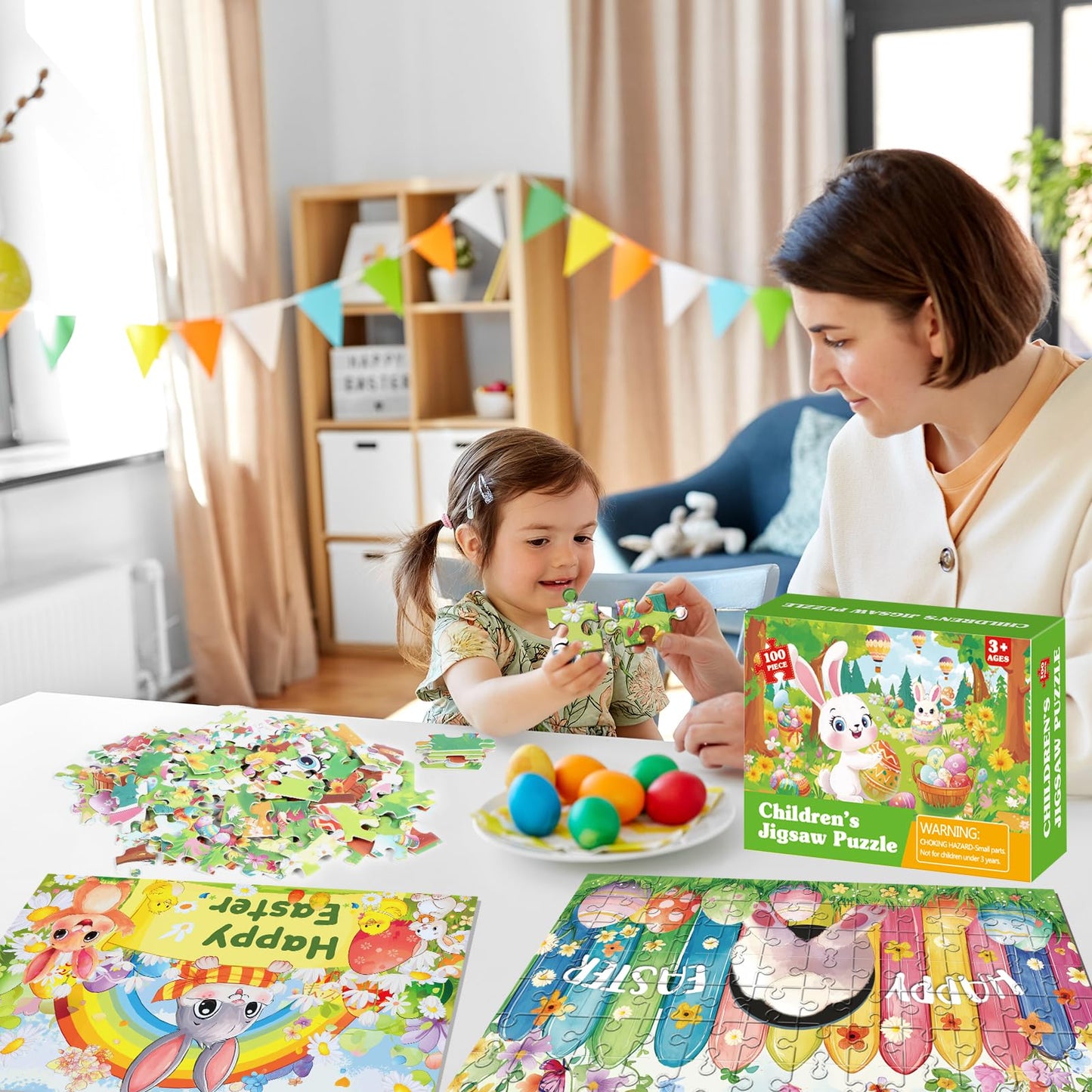 4 Packs 100Pcs Easter Puzzles for Kids Age 4-6 Easter Gifts Happy Easter Bunny Egg Rabbit Jigsaw Puzzle Easter Party Supplies Sp