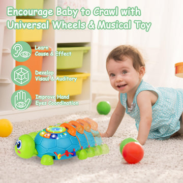 KWYZ Musical Turtle Baby Toy - Crawling & Tummy Time for 0-18 Months, Light & Sound, Blue, Medium, Ideal for Newborns and Toddlers