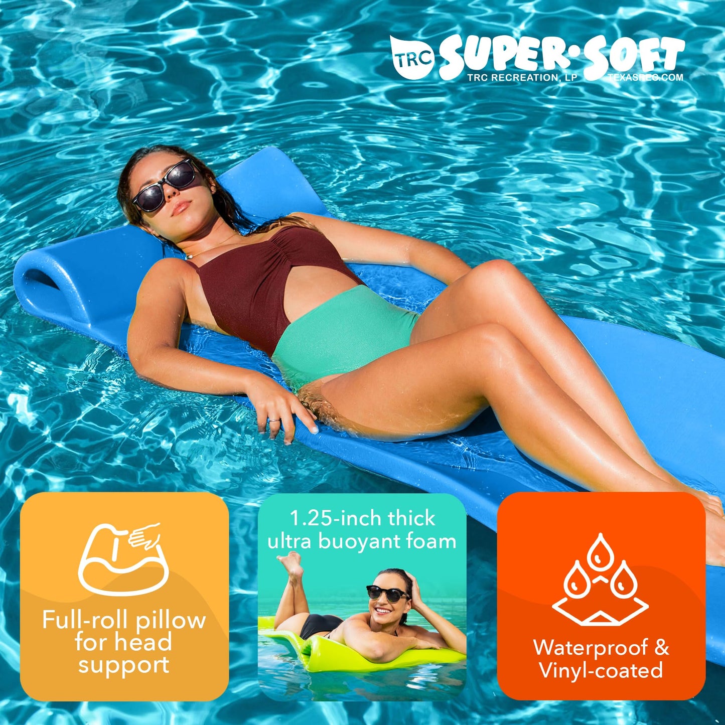 TRC Recreation Splash 1.25 Inch Thick Foam Swimming Pool Float Mat Large mature-themed Lounger with Built-In Roll Pillow Bahama Blue