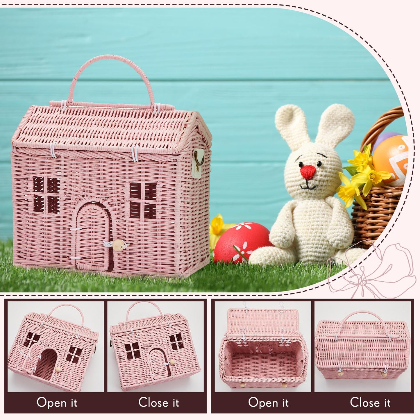Wettarn Handmade Rattan Doll House Rattan House Shape Shoulder Bag Wicker Basket With Lid For Doll Toys Rattan Storage Basket Sm