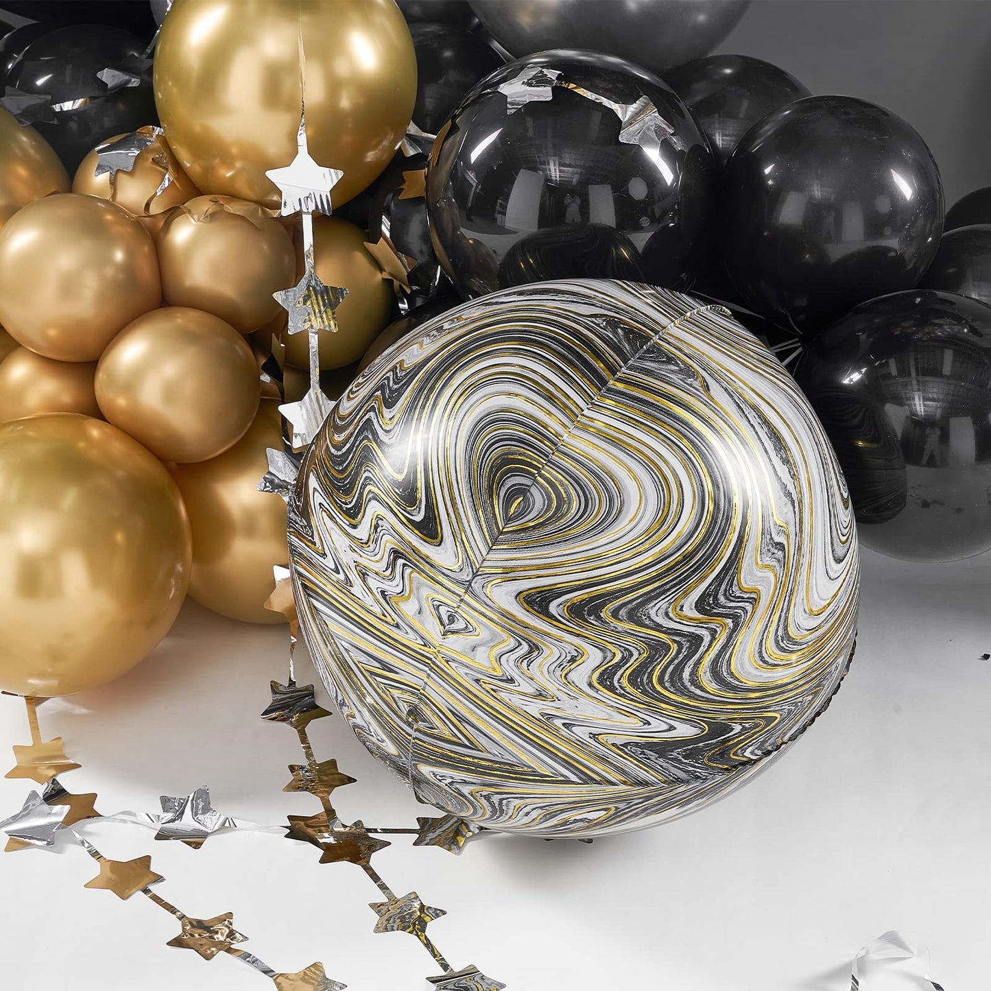 Partywoo 140 Pcs Black And Gold Balloon Arch Kit, Black And Gold Balloons Garland With 4D Marble Balloons, Chrome Metallic Silver Balloons, Star Garland For Birthday Decorations, Retirement Party