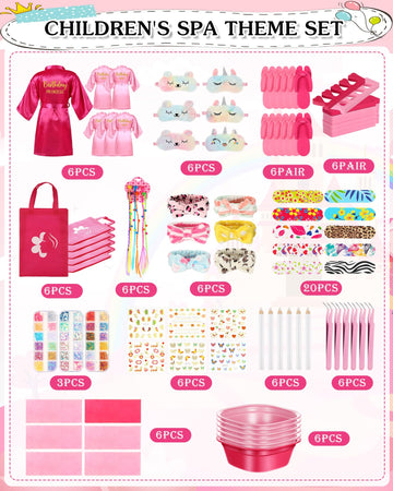 Suhine 6 Set Spa Party Supplies for Girls, Kids Satin Robes Nail Salon Kit Spa Kit Accessories for Birthday Party Favors (Elegan