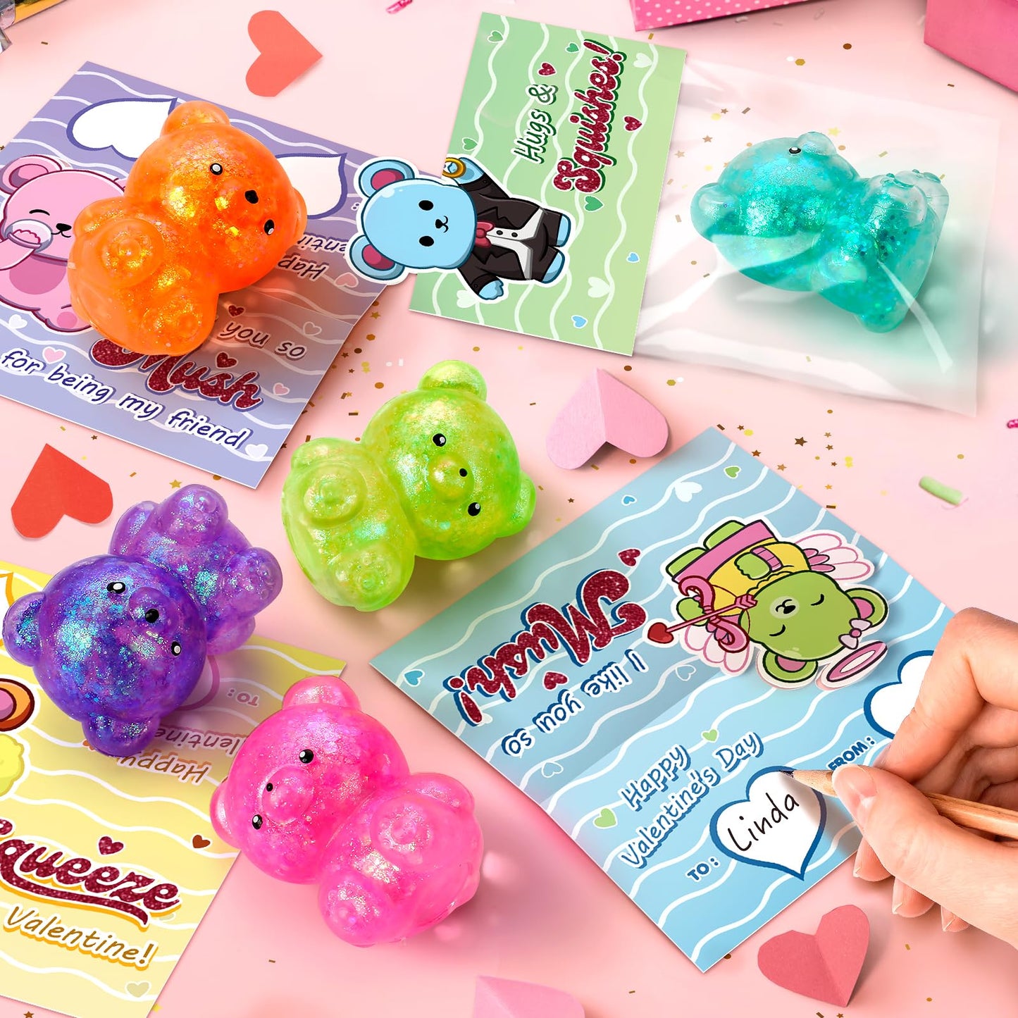 Valentines Day Cards For Kids Classroom, 24 Packs Valentine'S Day Squishy Bear Toys With Greeting Cards, Valentine Kids Party Fa