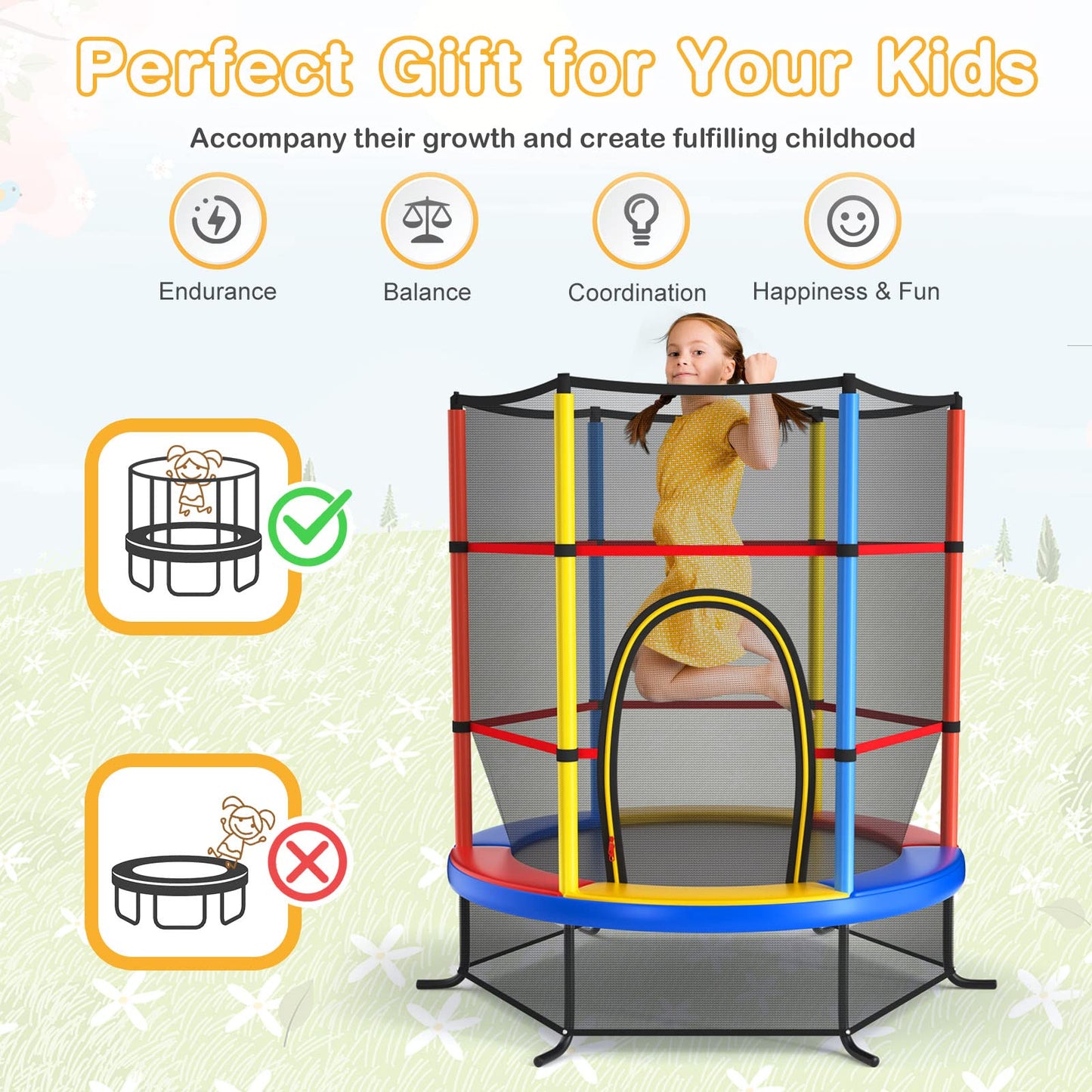 Gymax 55 Trampoline For Kids, Toddler Trampoline With All-Round Safety Enclosure Net & Double Side Zipper, Indoor/Outdoor Kid