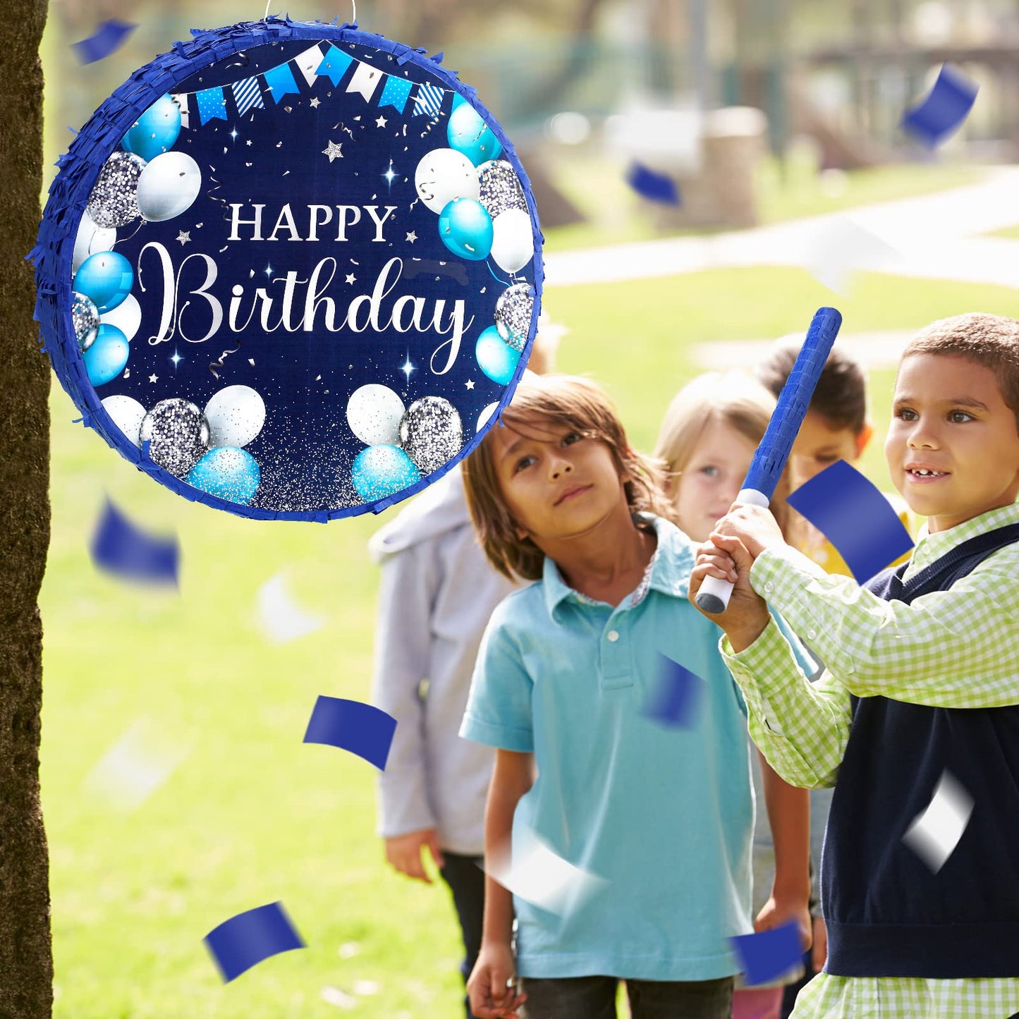 Sinmoe Birthday Piata with Stick Blindfold and Confetti for Boys Girls Men Women Birthday Party Supplies(Blue and Silver)