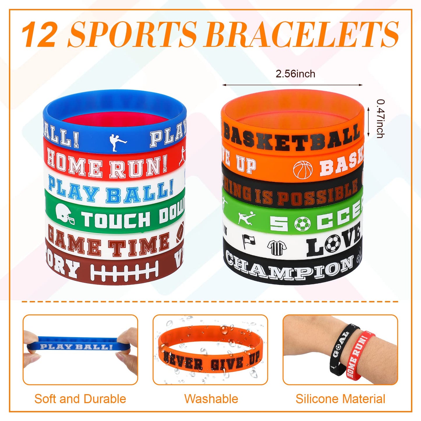 Leifide 48 Pcs Basketball Soccer Football Baseball Party Favors Supplies 12 Silicone Bracelet 12 Drawstring Treat Bag 12 Mini St