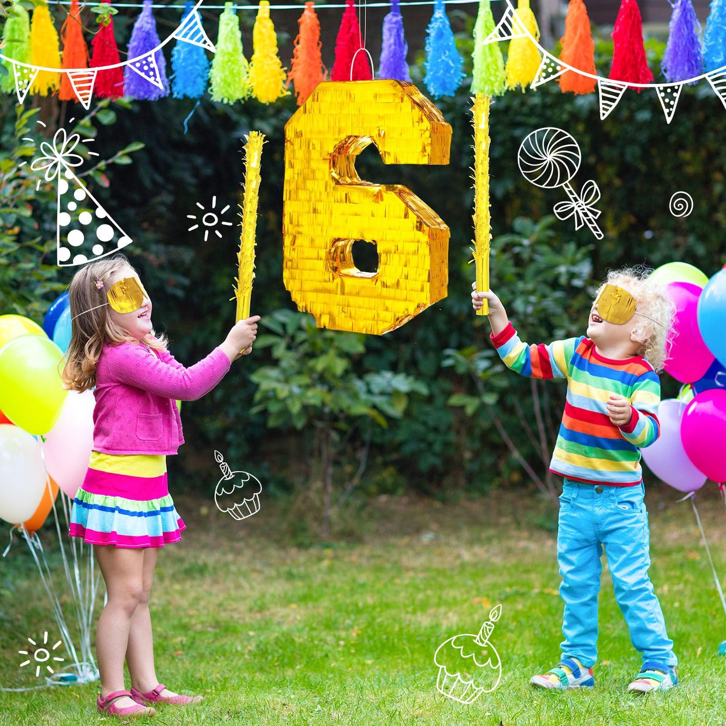 Sratte Number Piñata Birthday Piñata Decorations Gold Foil Piñata With Stick Blindfold Confetti For Boy Girl Birthday Party Decorations Anniversary Celebrations Fiesta Supplies(Number 6)