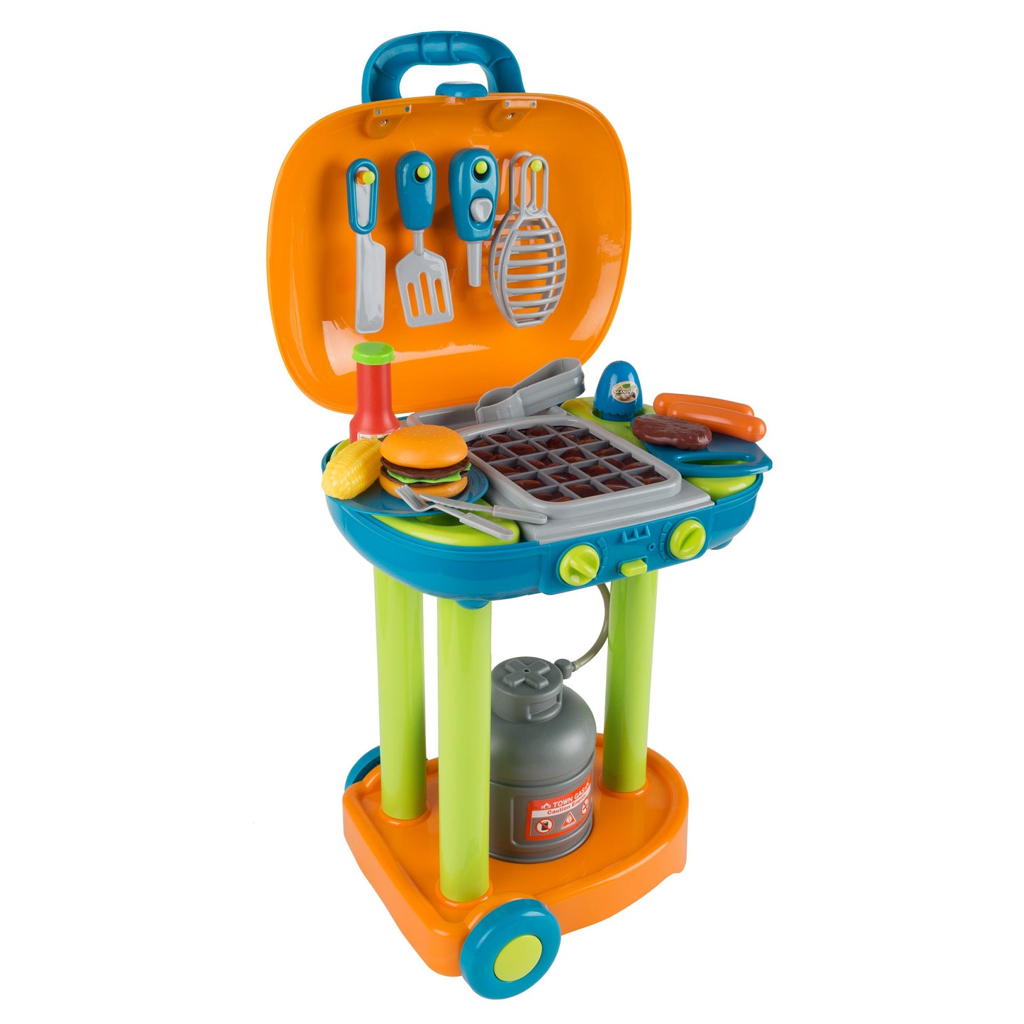 BBQ Grill Toy Set - Interactive Play Kitchen Set with Lights and Sounds, Wheels, Toy Food, and Cooking Accessories by Hey! Play!