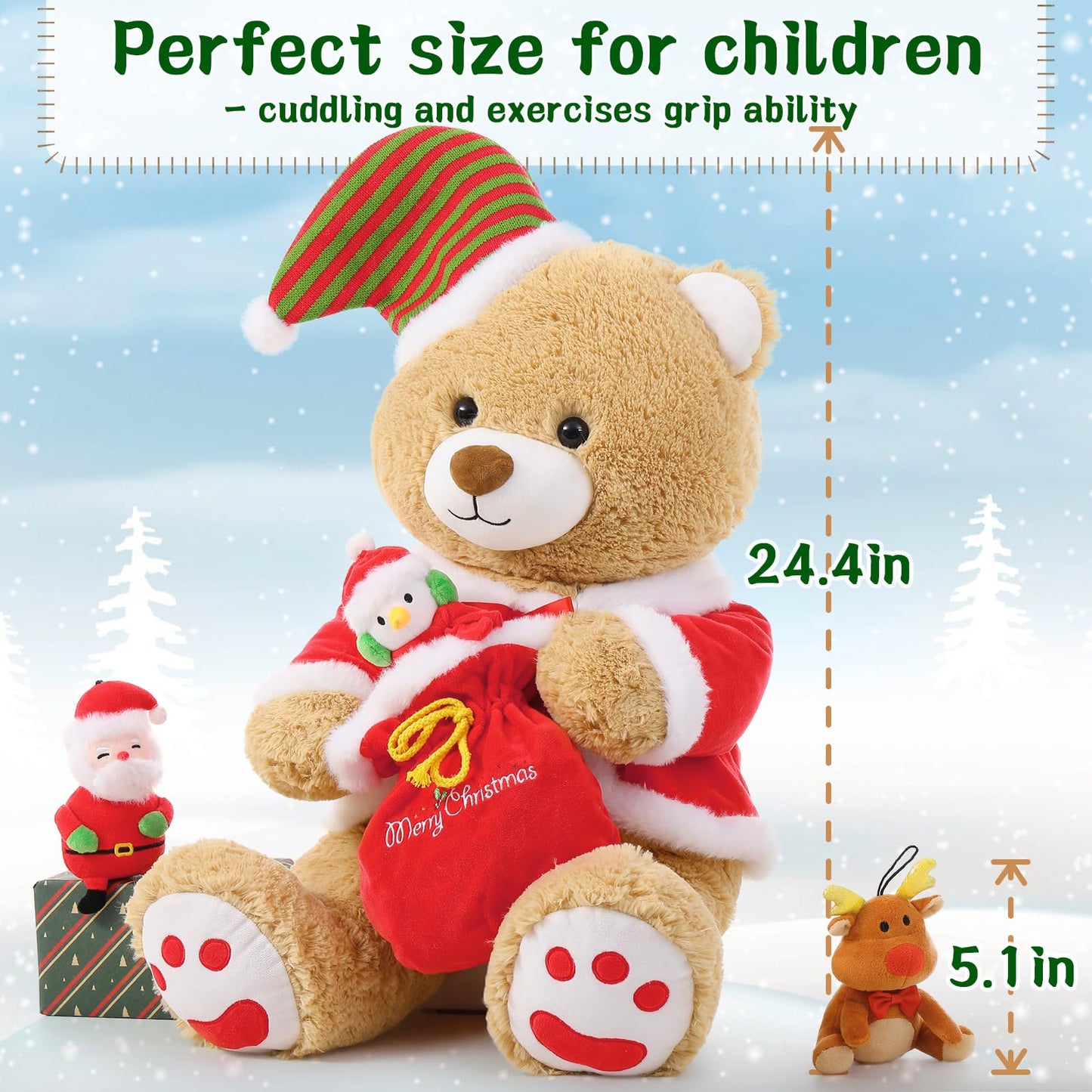 Morismos Christmas Teddy Bear Stuffed Animal, Stuffed Bear With Snowman, Reindeer, Santa Claus Plush, 24.4In Giant Christmas Bea