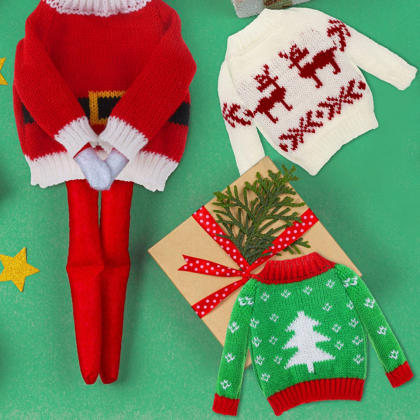 Zomiboo 5 Pieces Christmas Elf Dolls Accessories Set Including 3 Santa Hand Knitted Sweaters 1 Red Plaid Sleeping Bag And 1 White Nightgown Bathrobe For Elf Doll Xmas Decorations (Cute Style)