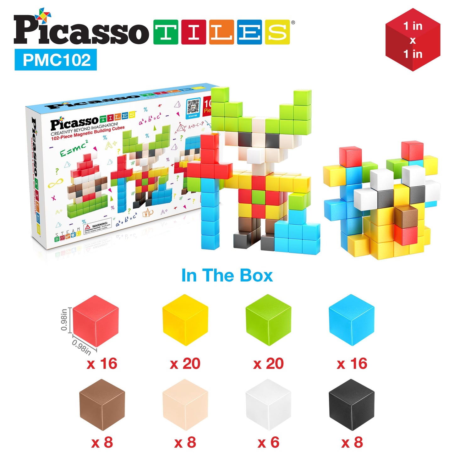 Picassotiles 102 Pieces 1'' Magnetic Toy Building Block Cubes Building Block, 3D Cube Construction Cubes Magnet Sensory Toys Gif